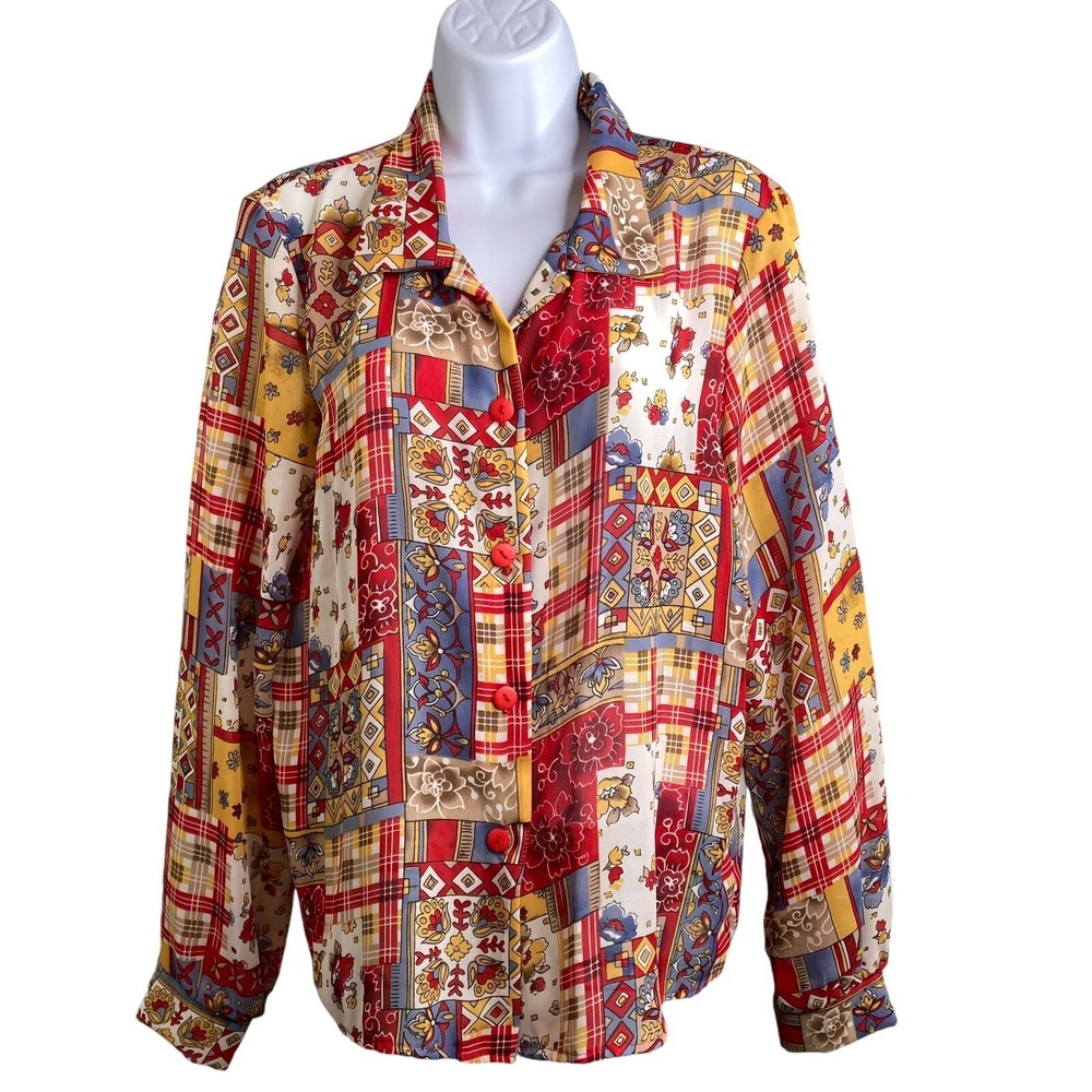 VTG‎ 90s Michele Michelle Patchwork Button-Up Shirt Sz 12 Country Cottage Grunge